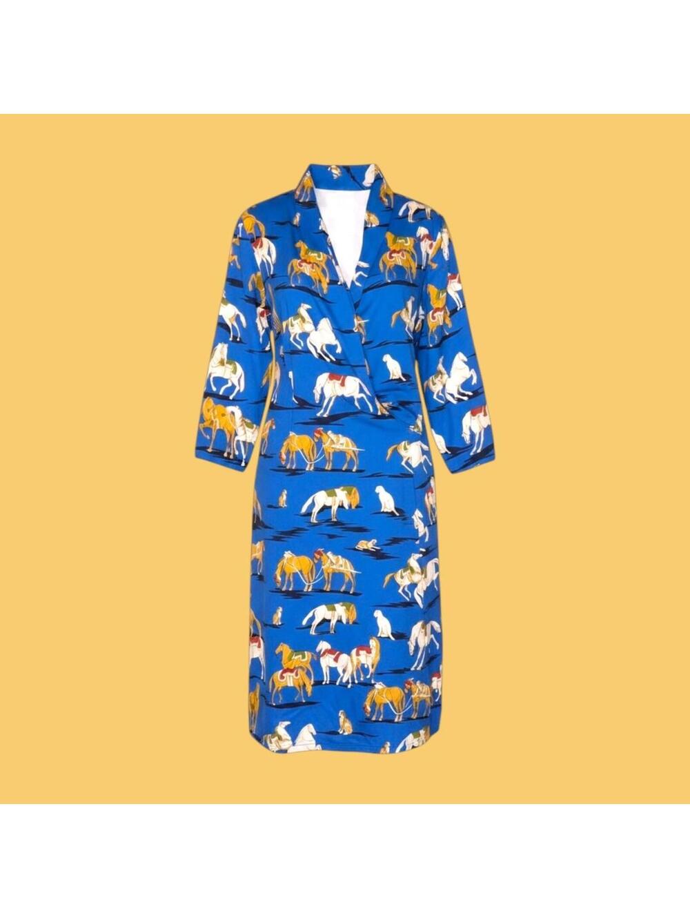 J. McLaughlin Blue Horse Print Equestrian Midi Dress with 3/4 Sleeves
